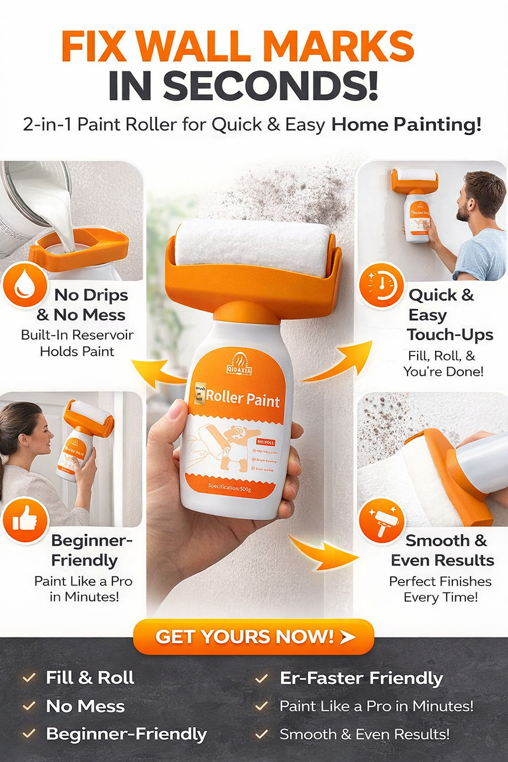 Magic Refillable Paint Roller Brush – Mess-Free Wall Repair & Instant Touch-Up Tool