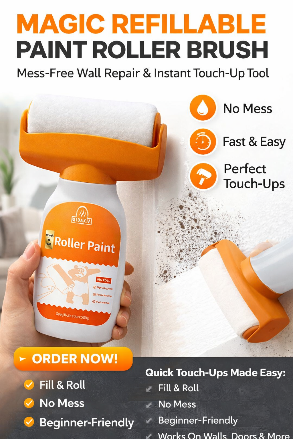 Magic Refillable Paint Roller Brush – Mess-Free Wall Repair & Instant Touch-Up Tool